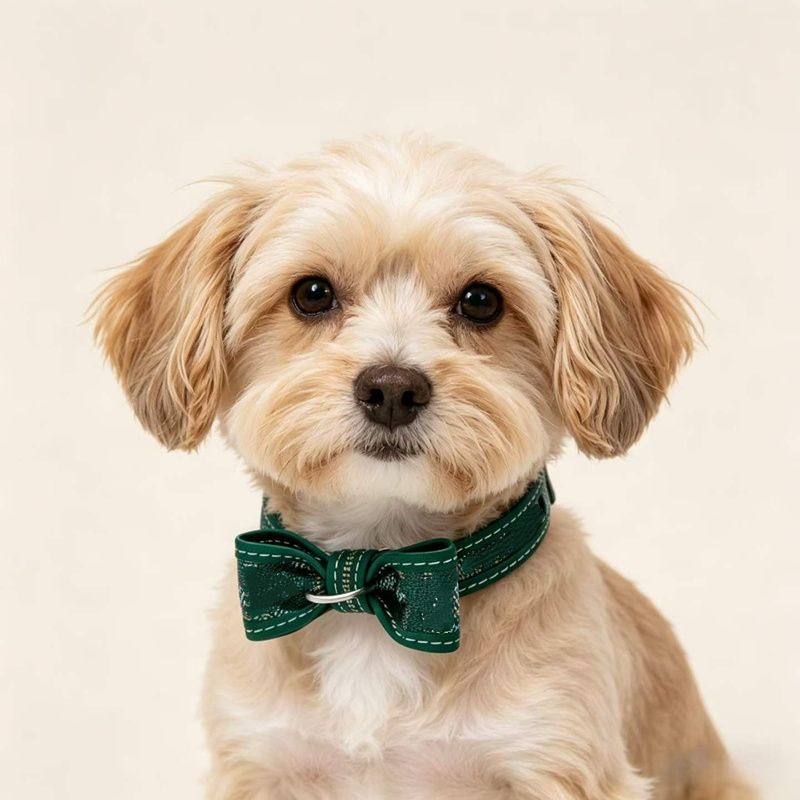 Designer Dog Collar with Bow Luxury Pet Collar Premium Leather and Patterned Fabric Puppy Kitten Neckwear Adjustable Designer Style Dog Cat Collar - view 7
