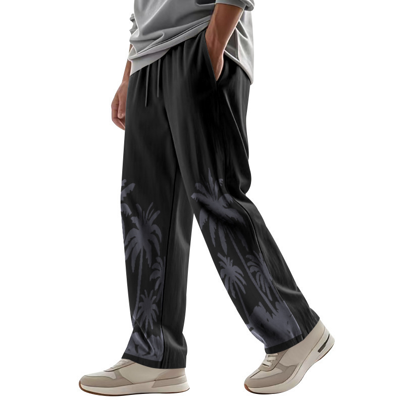 Mens Four Seasons Loose Breathable Hawaiian Print Cotton Linen Casual Streetwear Loose Wide Leg Sports Pants 240820