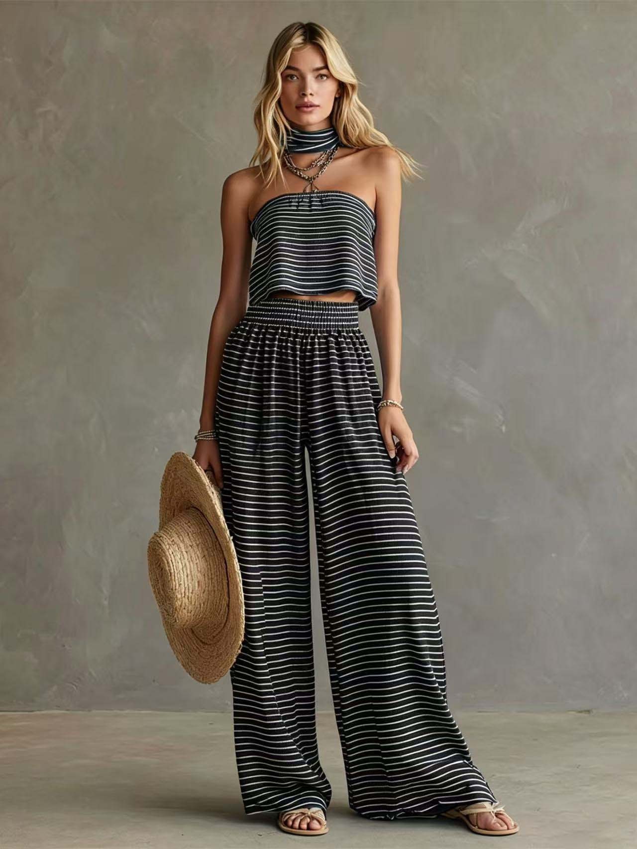 2026 Summer New Fashion Striped Off-Shoulder Tight Top and Pants Set Womens Clothing 240727