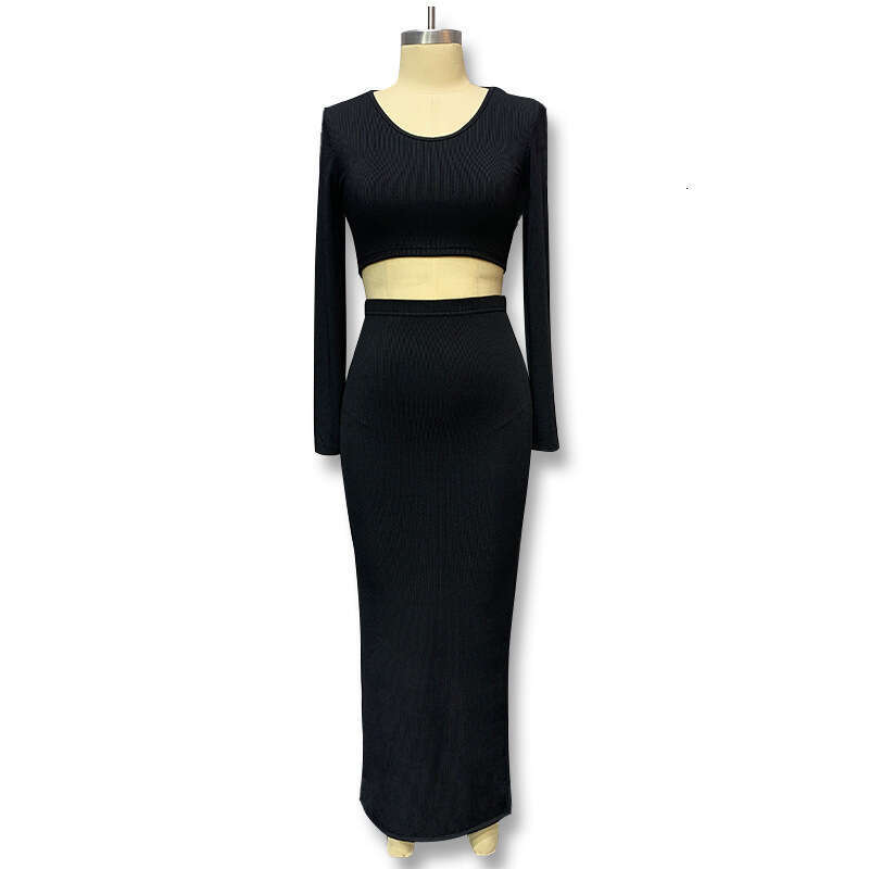 Solid Color Knitted Two Piece Set Long Sleeve T Shirt Half Slit Bodycon Skirt European American Style Women Outfit MAKOUFEI