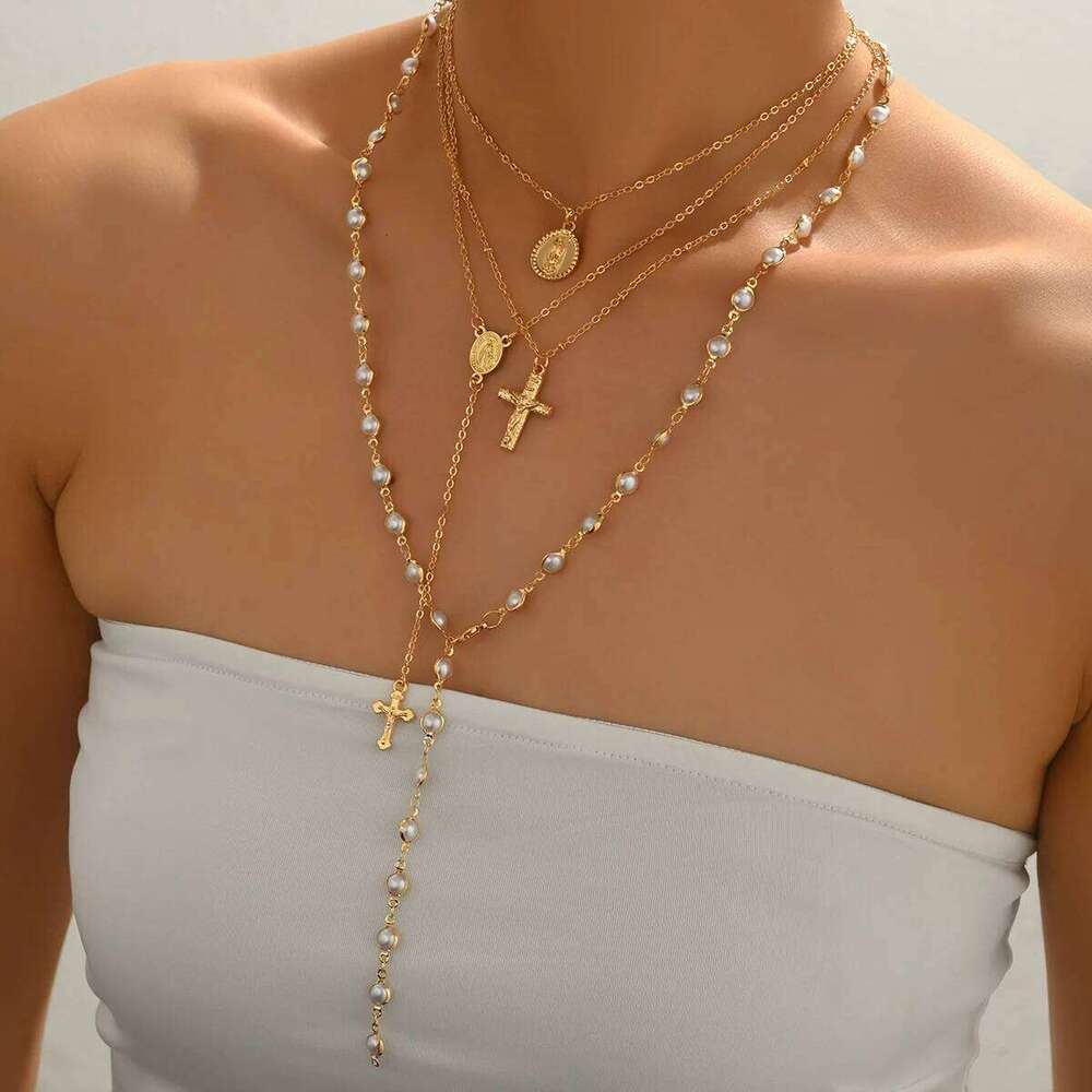 Layered Rosary Cross Necklace Vintage Gold Silver Mary Pendant Pearl Beaded Y Lariat Jewelry Gift for Women W260526 - view 6