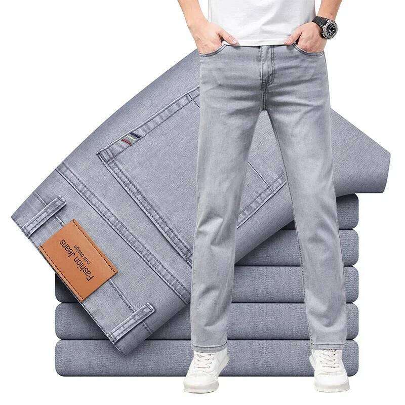 Summer Brand Men's Fit Straight Lightweight Cotton Stretch Business Casual High Waist Thin Light Grey Jeans mens pants