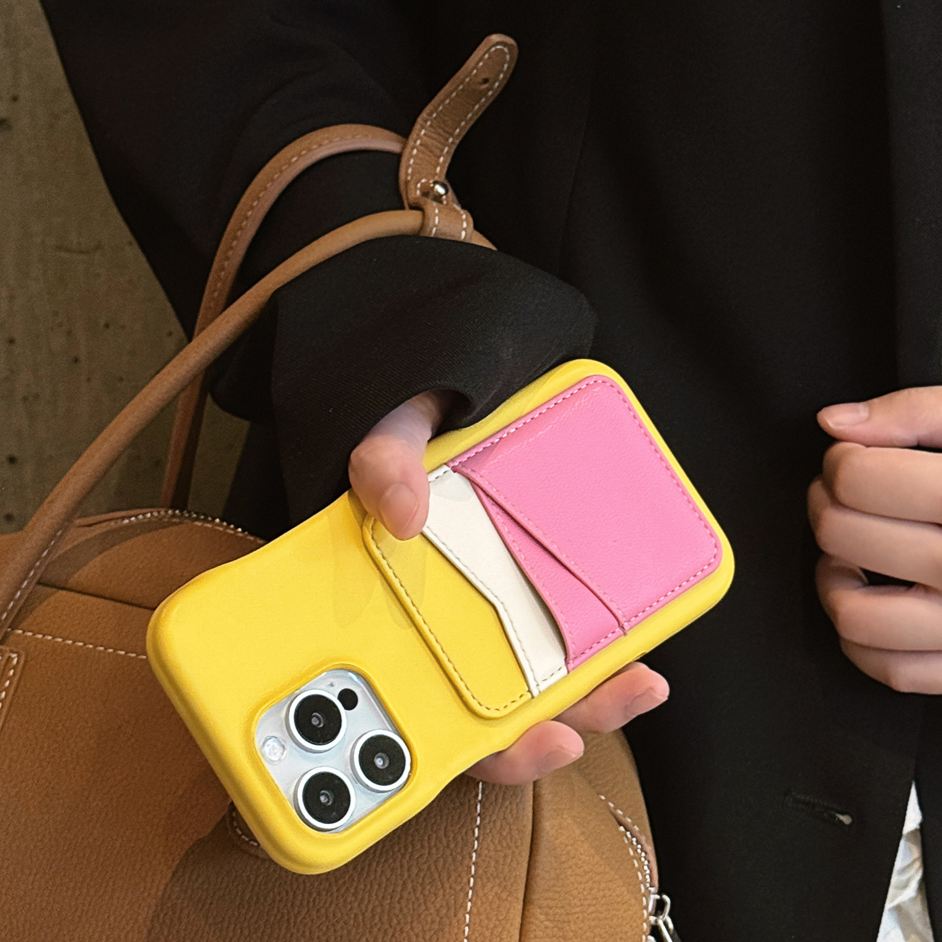 Color-blocking and contrasting color card slot case suitable Apple 16 Pro Max phone case, iPhone 15, high-end feel, new leather style for 13