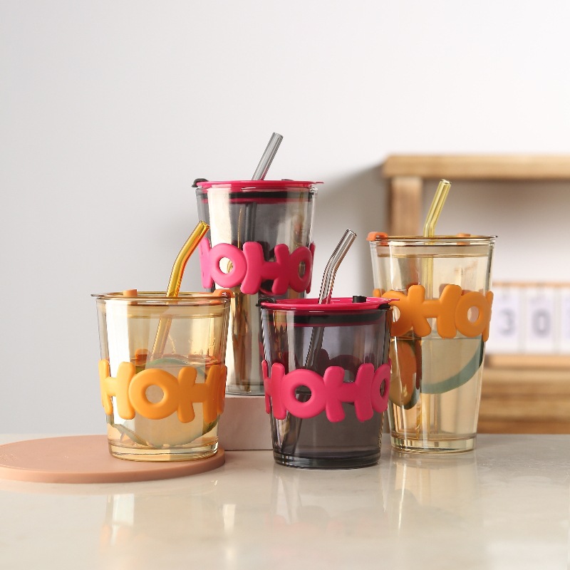 450ml Letter Pattern Glass Tumbler With Straw Heat Resistant Coffee Cup