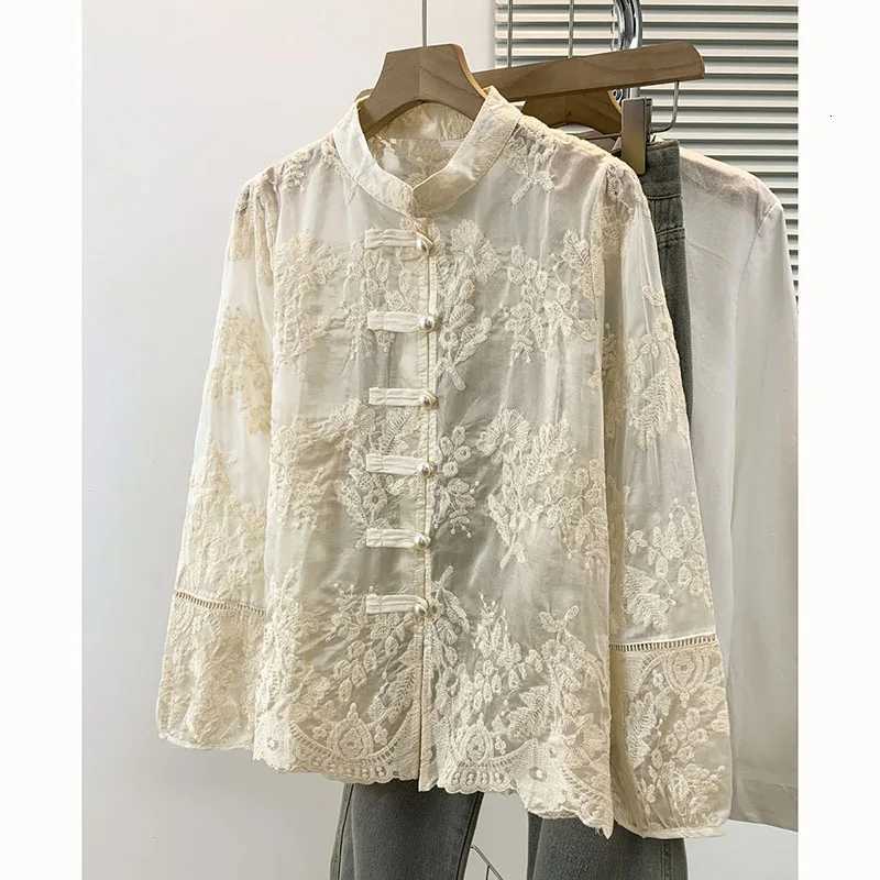 2026 Loose Ethnic Embroidered Shirt Tops Women Spring Summer Shirt Frog Closure Tops Chinese Style Women Long Sleeve Shirt Coat M260525