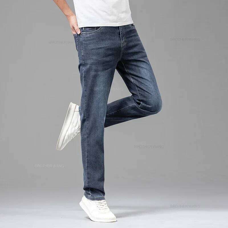 Summer Brand Men's Fit Straight Lightweight Cotton Stretch Business Casual High Waist Thin Light Grey Jeans mens pants
