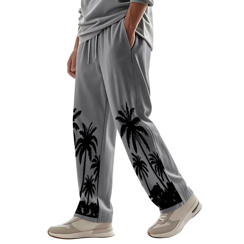 Mens Four Seasons Loose Breathable Hawaiian Print Cotton Linen Casual Streetwear Loose Wide Leg Sports Pants 240820