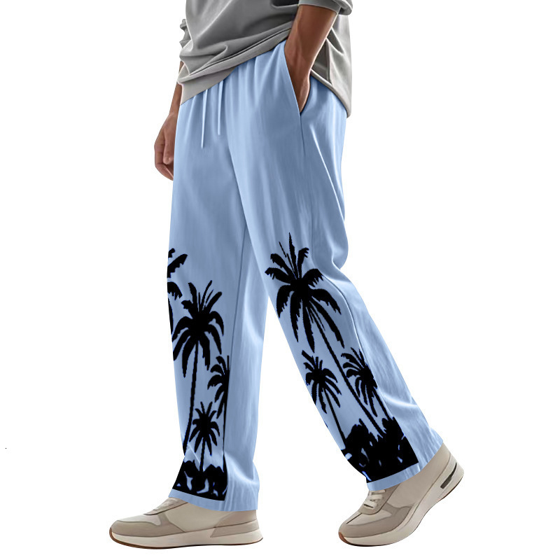 Mens Four Seasons Loose Breathable Hawaiian Print Cotton Linen Casual Streetwear Loose Wide Leg Sports Pants 240820