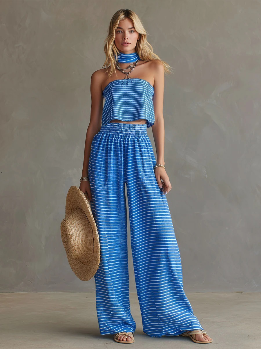 2026 Summer New Fashion Striped Off-Shoulder Tight Top and Pants Set Womens Clothing 240727