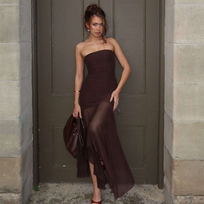 Strapless Sleeveless Mesh Patchwork Dress Ruched Slim Fit Sexy Spring New European American Style Women Dress MAKOUFEI