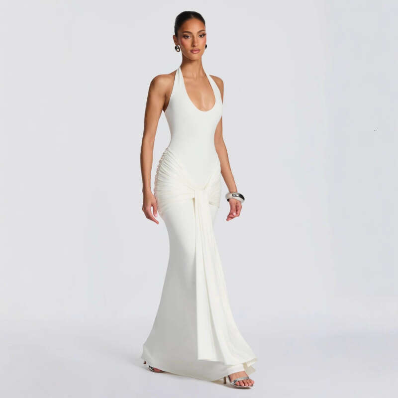 Halter Neck Bodycon Dress Ribbon Splicing Strap Long Dress Slim Fit European American Style Women Party Gown New Arrival MAKOUFEI