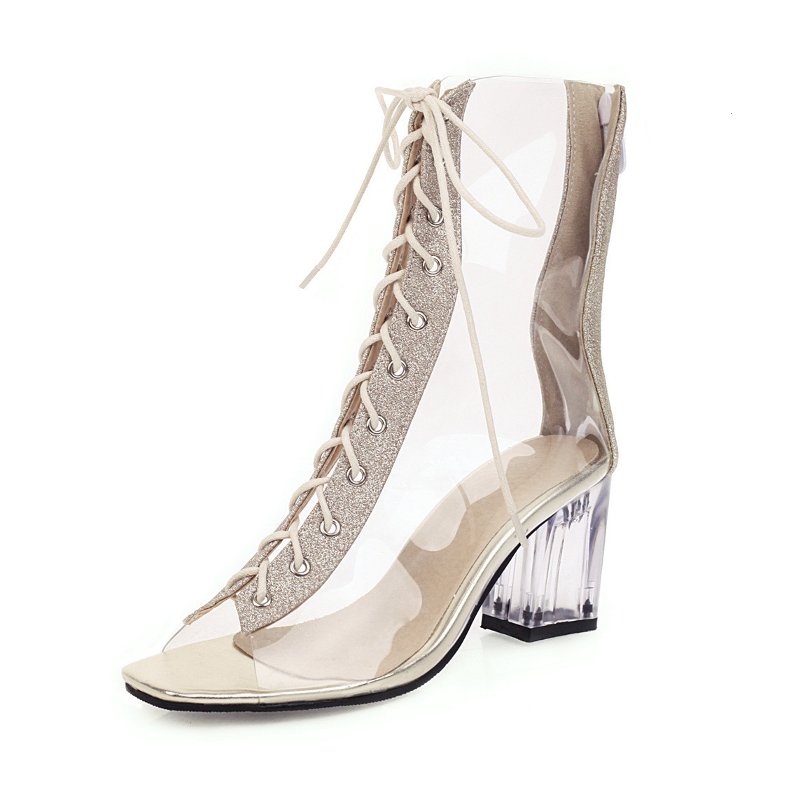 Sexy PVC Transparent Boots Sandals Peep Toe Shoes Clear Chunky Heels Lace-Up Sandals Mujer Women Short Boots Fashion Party 240613