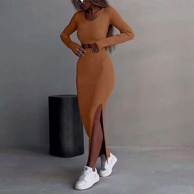 Solid Color Knitted Two Piece Set Long Sleeve T Shirt Half Slit Bodycon Skirt European American Style Women Outfit MAKOUFEI