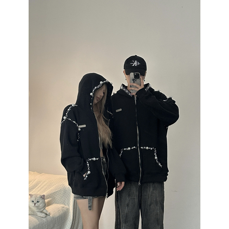 2025 Autumn Couple Outfit Chinese Style Irregular Pearl Hooded Sweatshirt Jacket for Men and Women 241218