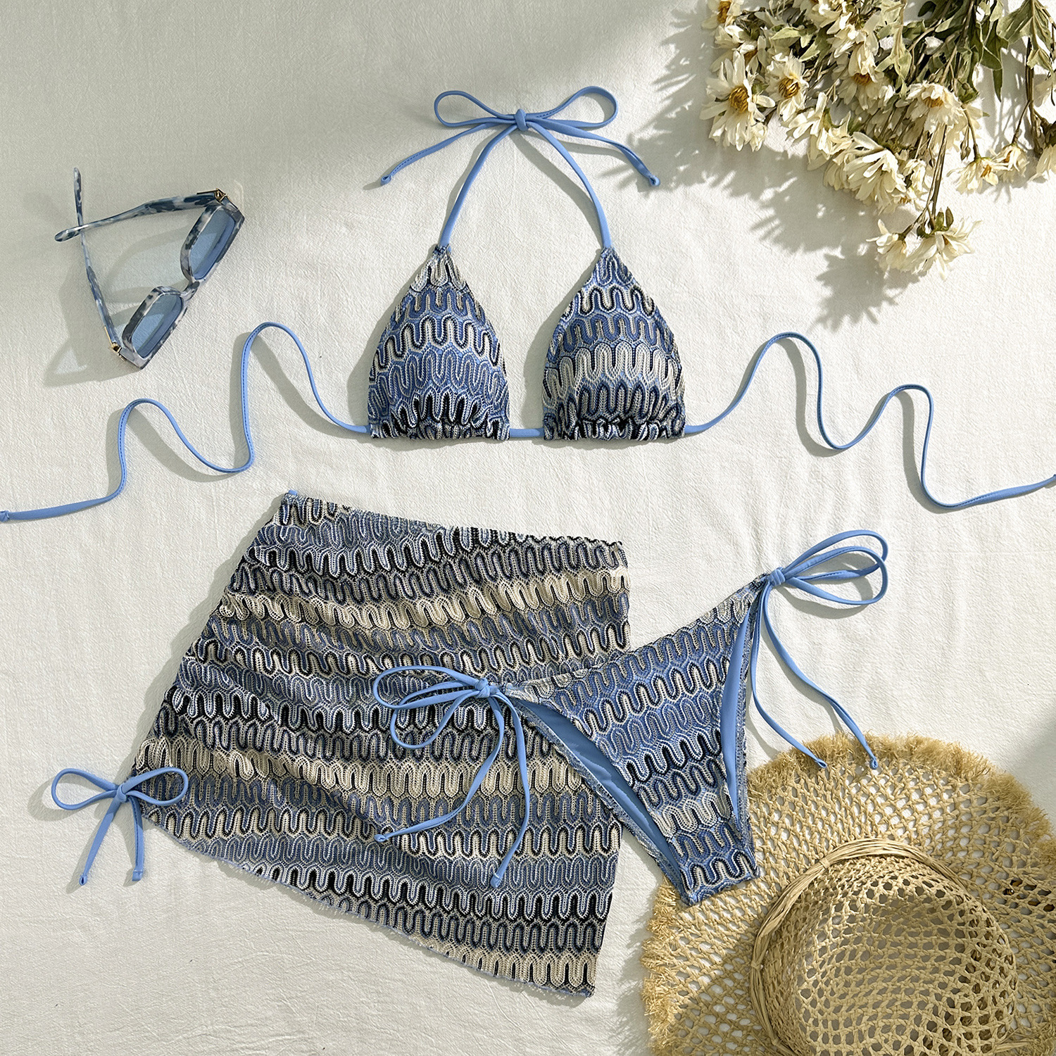 2025 Embroidered Gradient Sexy ThreePiece Swimsuit Bikini 250114