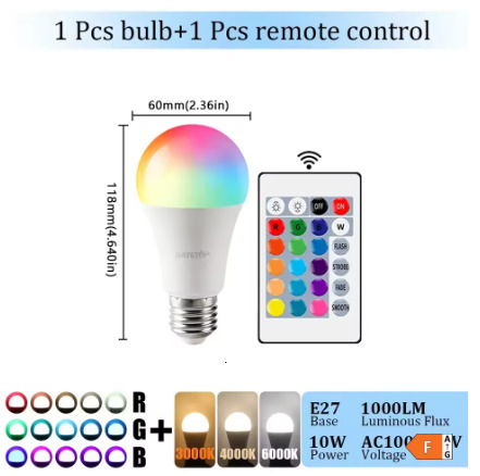E27 Base RGB LED Bulb 24 Key Remote Control Dimmable 10W AC220V 110V Colorful Change For Bedroom Living Room Desk Lamp