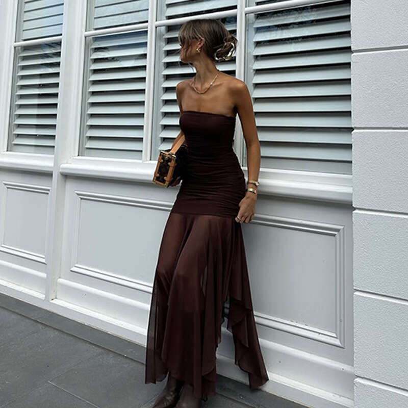 Strapless Sleeveless Mesh Patchwork Dress Ruched Slim Fit Sexy Spring New European American Style Women Dress MAKOUFEI