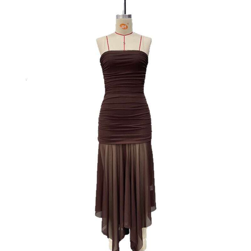Strapless Sleeveless Mesh Patchwork Dress Ruched Slim Fit Sexy Spring New European American Style Women Dress MAKOUFEI