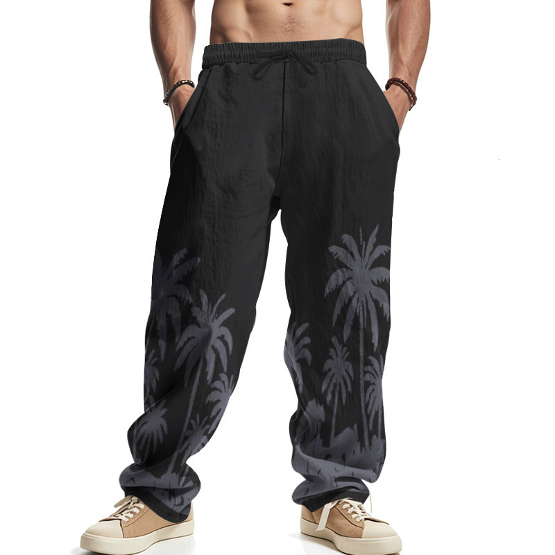 Mens Four Seasons Loose Breathable Hawaiian Print Cotton Linen Casual Streetwear Loose Wide Leg Sports Pants 240820
