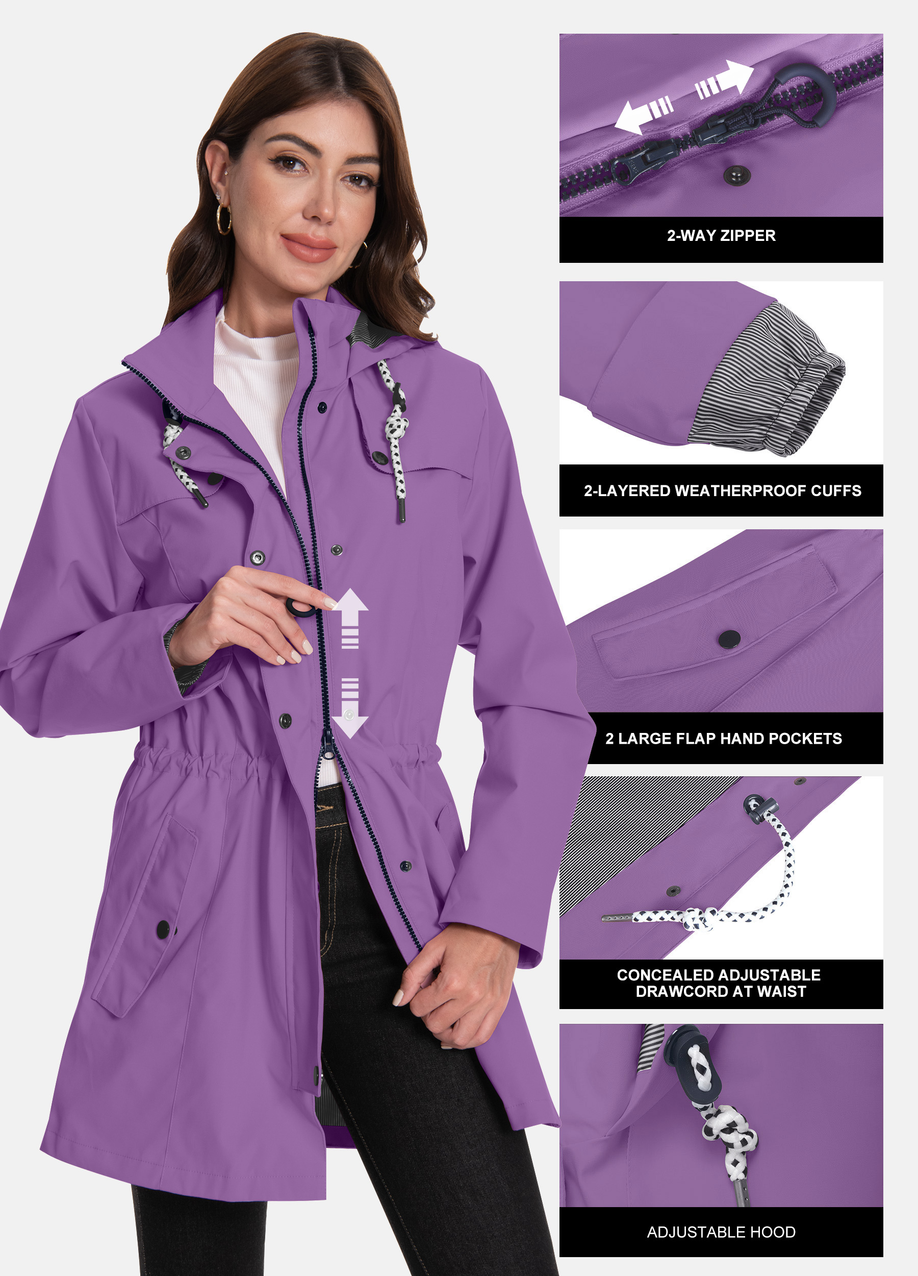 Women's Long Waterproof Hooded Raincoat with Transition Jacket Features for Outdoor Use
