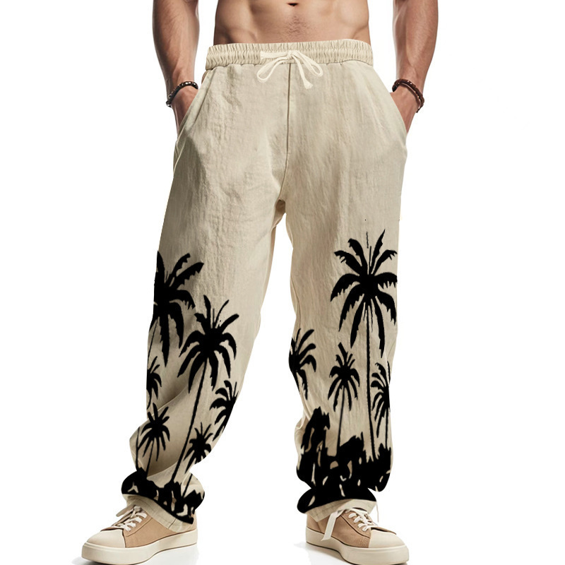 Mens Four Seasons Loose Breathable Hawaiian Print Cotton Linen Casual Streetwear Loose Wide Leg Sports Pants 240820