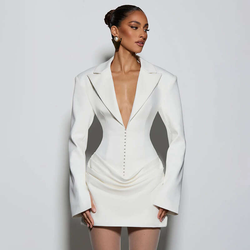 Deep V Neck Waist Cinching Blazer Dress Solid Color Slim Elegant Autumn Winter New European American Style Women Dress MAKOUFEI