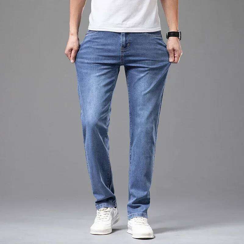 Summer Brand Men's Fit Straight Lightweight Cotton Stretch Business Casual High Waist Thin Light Grey Jeans mens pants