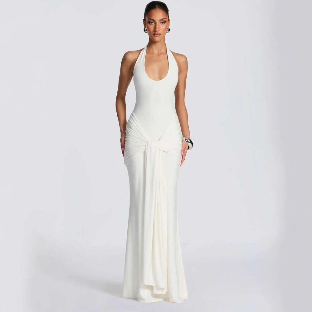 Halter Neck Bodycon Dress Ribbon Splicing Strap Long Dress Slim Fit European American Style Women Party Gown New Arrival MAKOUFEI