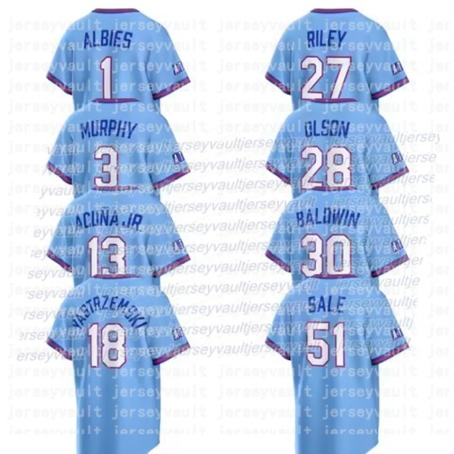 Custom 2026 City Connect Jersey Acuna Jr. Ozzie Albies Sale Olson Riley Murphy Maddux Jones Hank Aaron Yastrzemski Eli White Baldwin Harris II Sanders