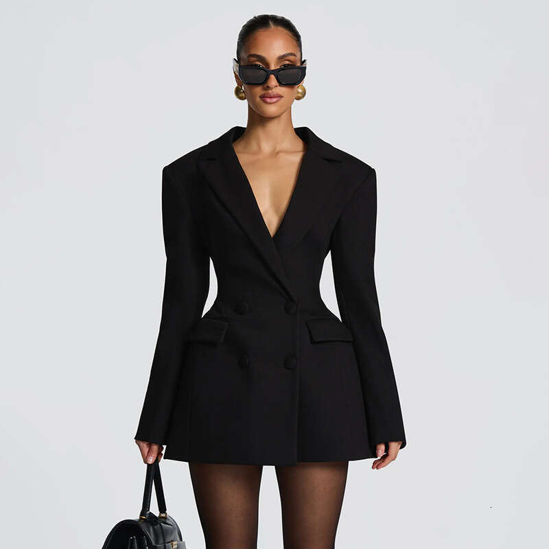 Autumn Solid Color Suit Dress Deep V Long Sleeve European American Style Slim Sexy Casual Dresses for Women Daily Party MAKOUFEI