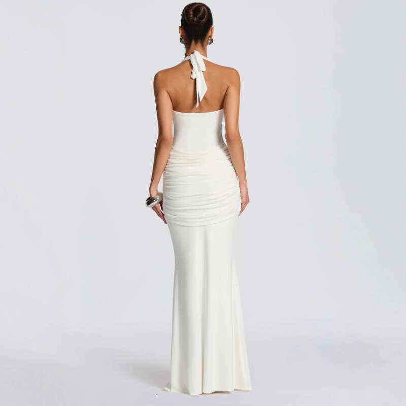 Halter Neck Bodycon Dress Ribbon Splicing Strap Long Dress Slim Fit European American Style Women Party Gown New Arrival MAKOUFEI