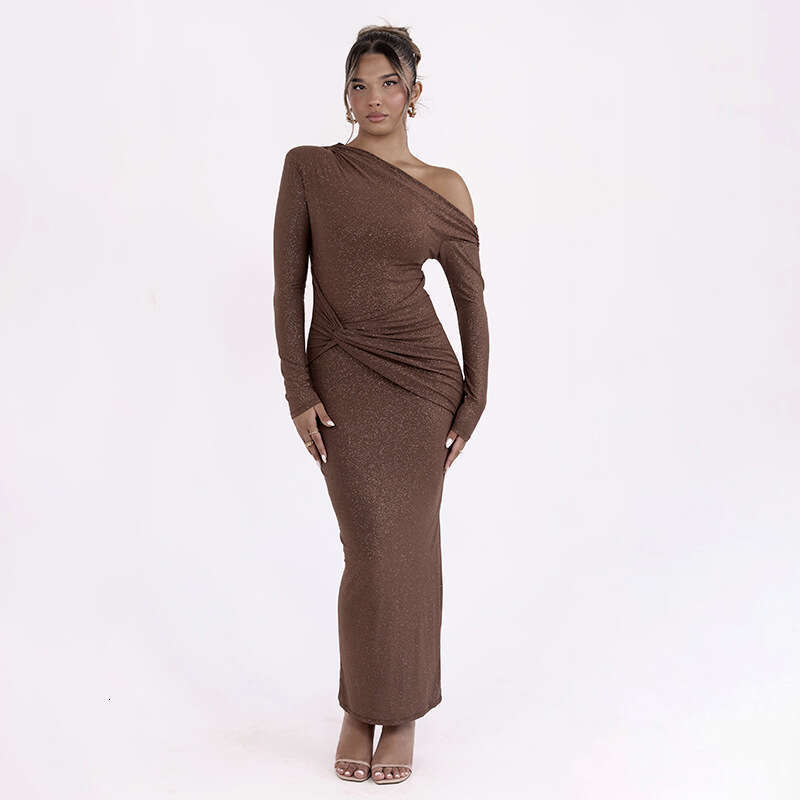 Asymmetrical Shoulder Sleeve Dress Ruched Bodycon Long Dress Autumn Winter New European American Style Sexy Slim Women Dress MAKOUFEI