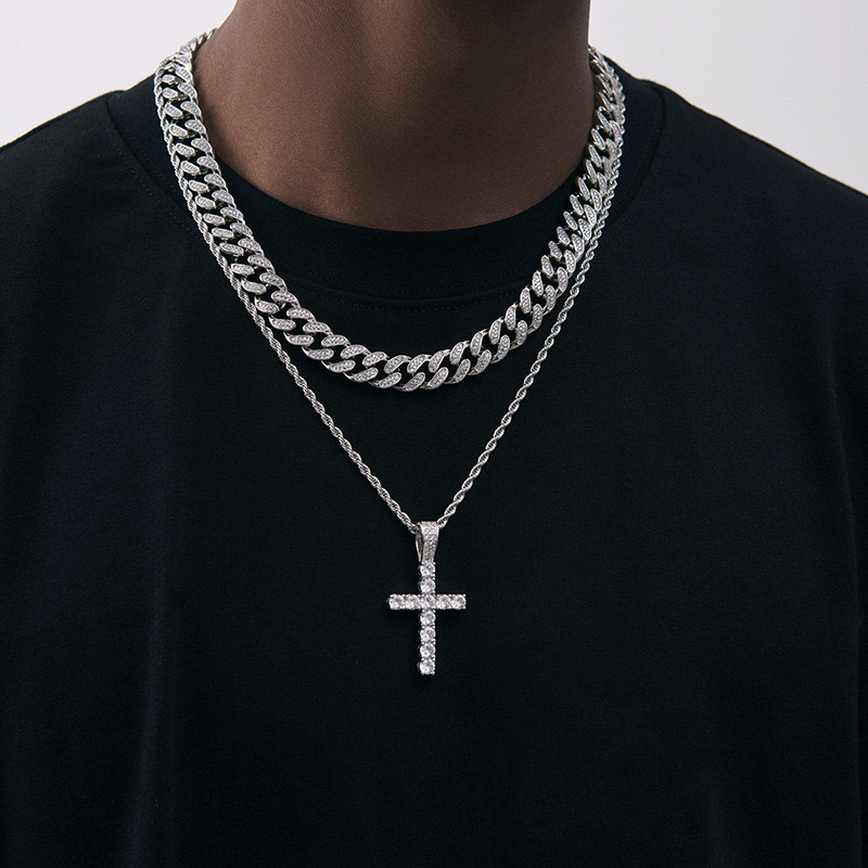 Necklace For Men And Women Diamond Inlaid Cross Titanium Steel Hip Hop Simple High End Sweater Chain Jewelry - view 3