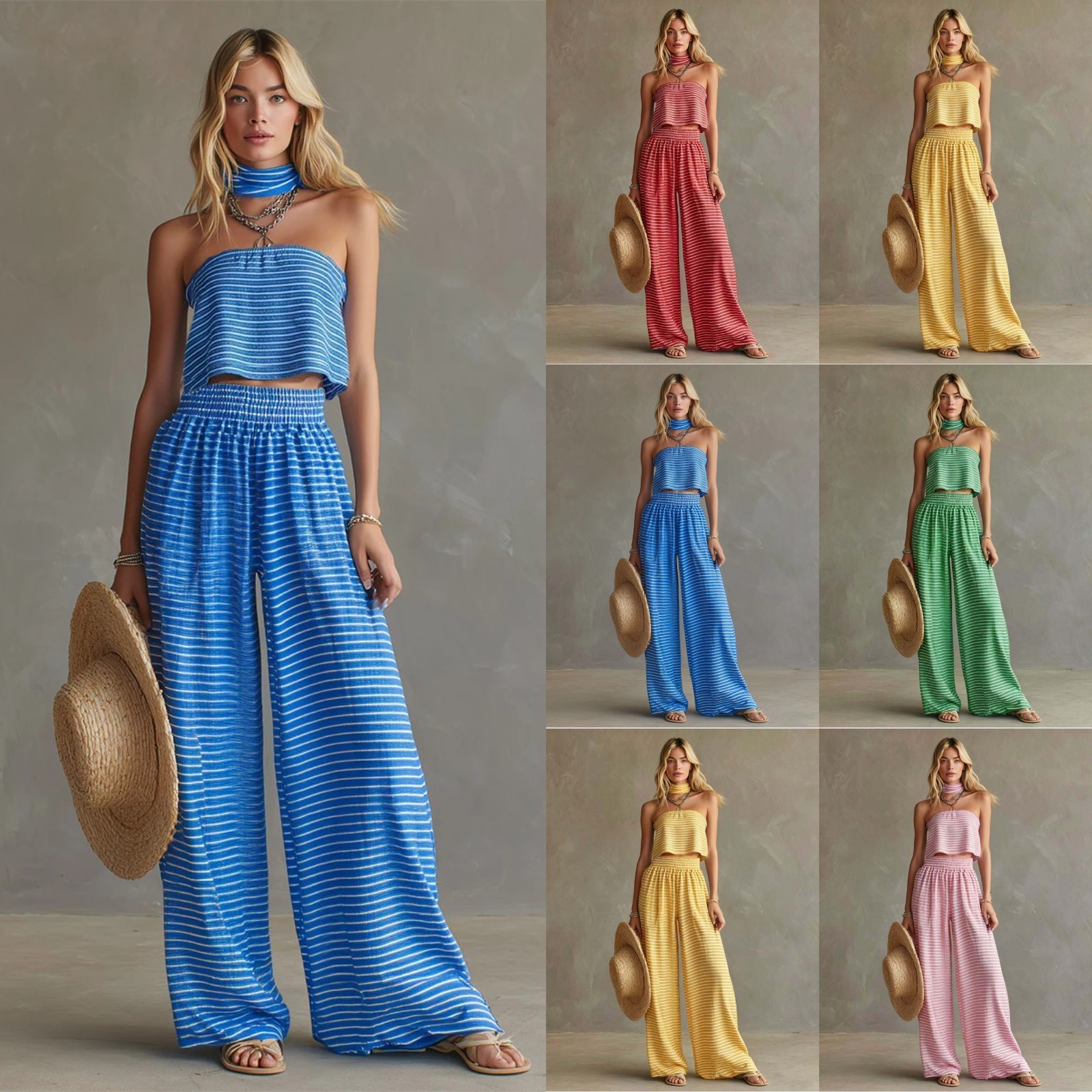 2026 Summer New Fashion Striped Off-Shoulder Tight Top and Pants Set Womens Clothing 240727