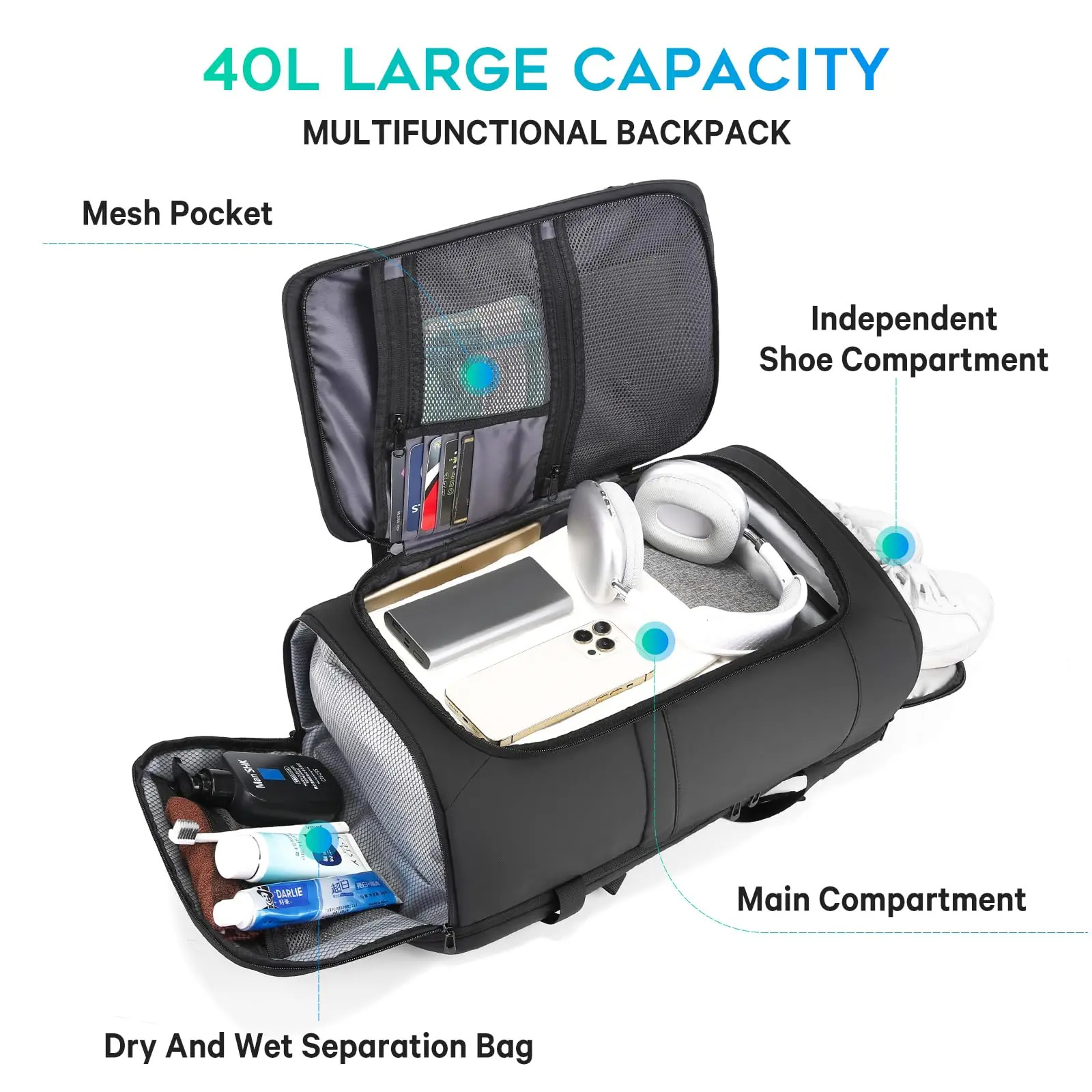 BANGE Multi Men Backpack Sports Travel Business Large Capacity Dry and Wet Separation Outdoor Hiking with Shoe Compartments y260611 - view 4