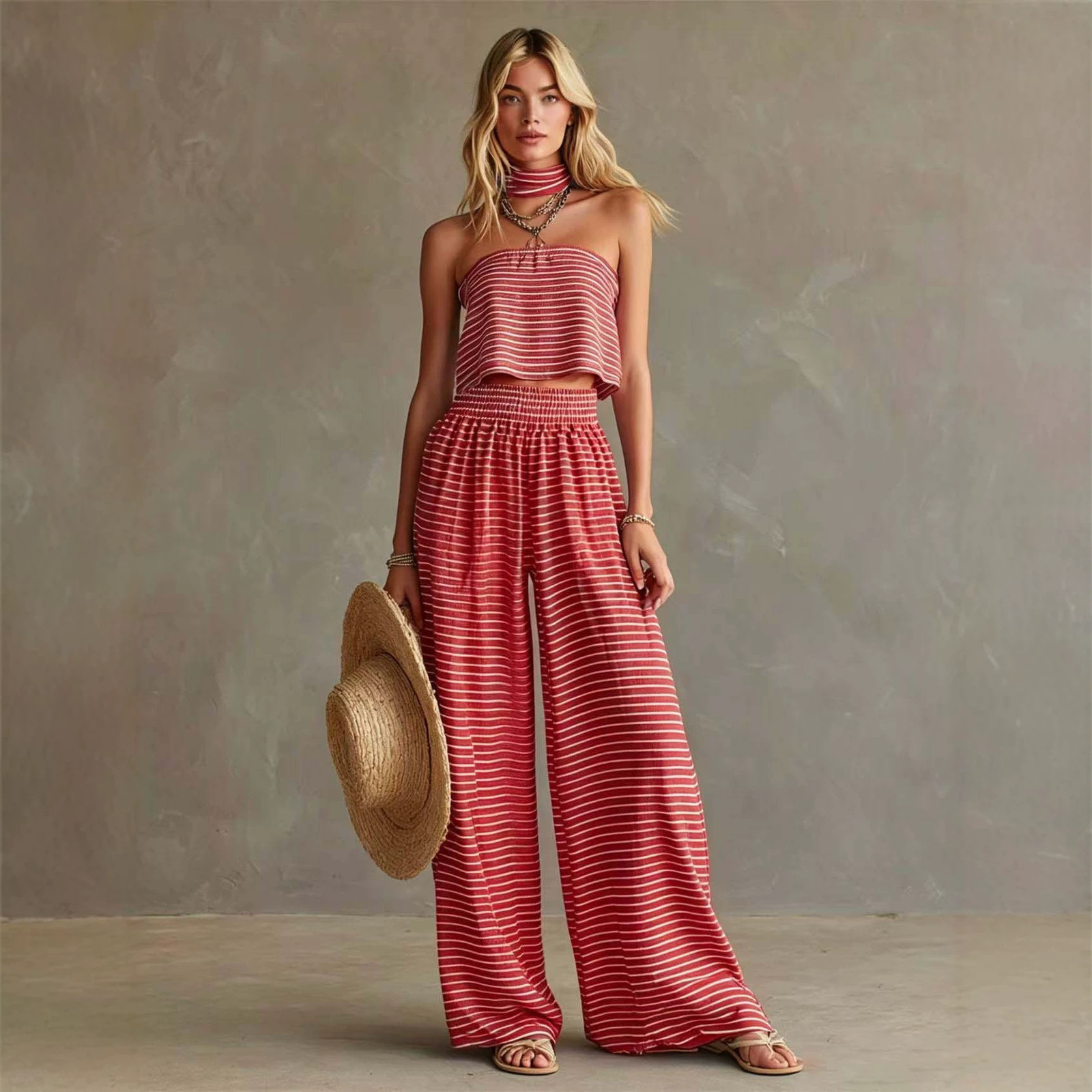 2026 Summer New Fashion Striped Off-Shoulder Tight Top and Pants Set Womens Clothing 240727