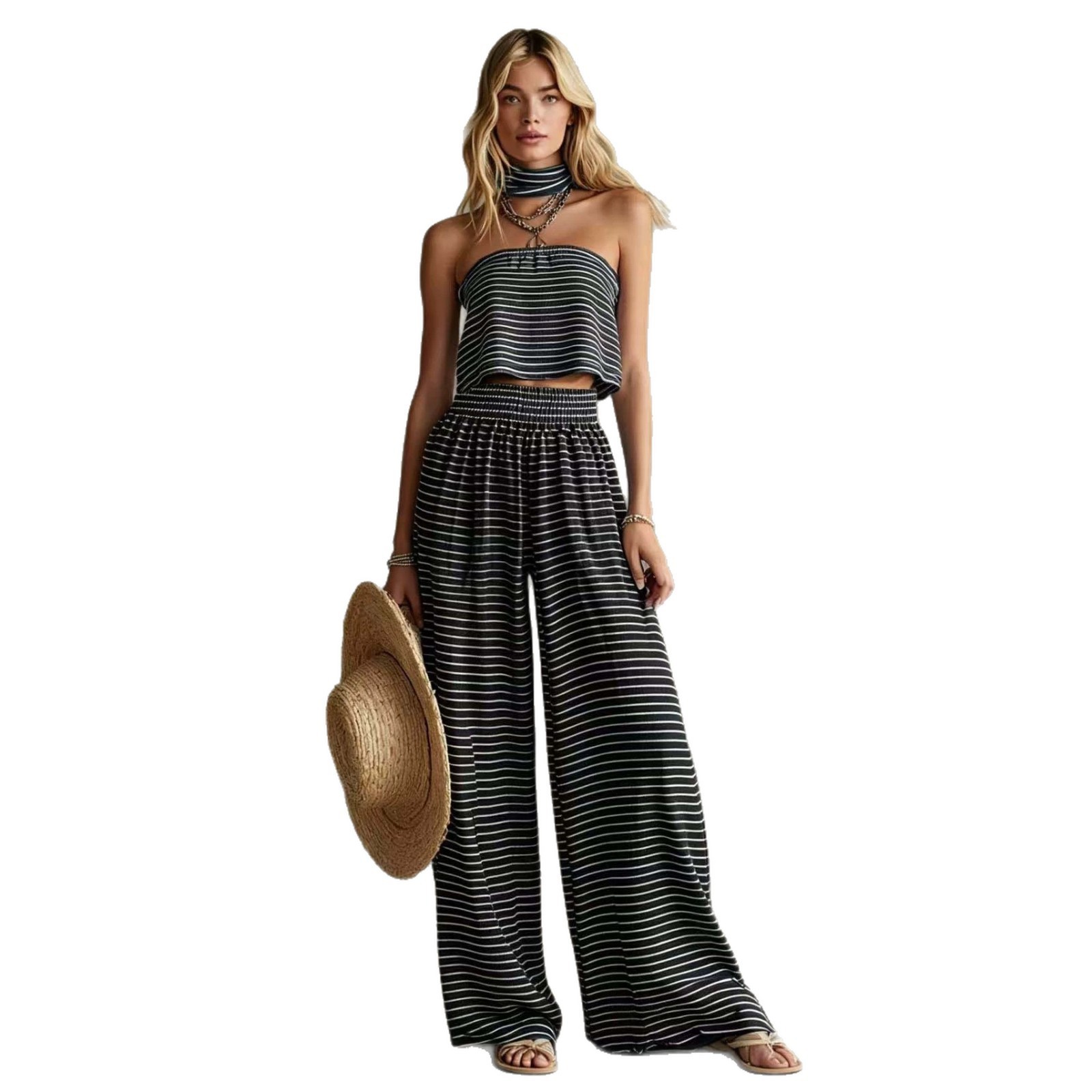 2026 Summer New Fashion Striped Off-Shoulder Tight Top and Pants Set Womens Clothing 240727