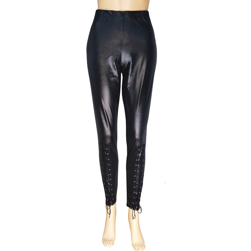 Spring and Autumn Leather Black Plus Size Skinny Pants Fashionable Faux Leggings with Tie Cuffs Slim Fit 240826