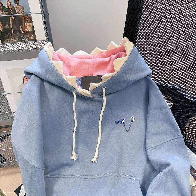 Korean Hip Hop Hoody Chic Shark Hooded Sweatshirt Men Women In Spring Autumn Cute Sweet Girly Solid Color Fashion Jacket Preppy