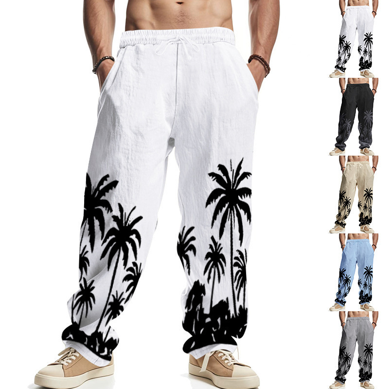Mens Four Seasons Loose Breathable Hawaiian Print Cotton Linen Casual Streetwear Loose Wide Leg Sports Pants 240820