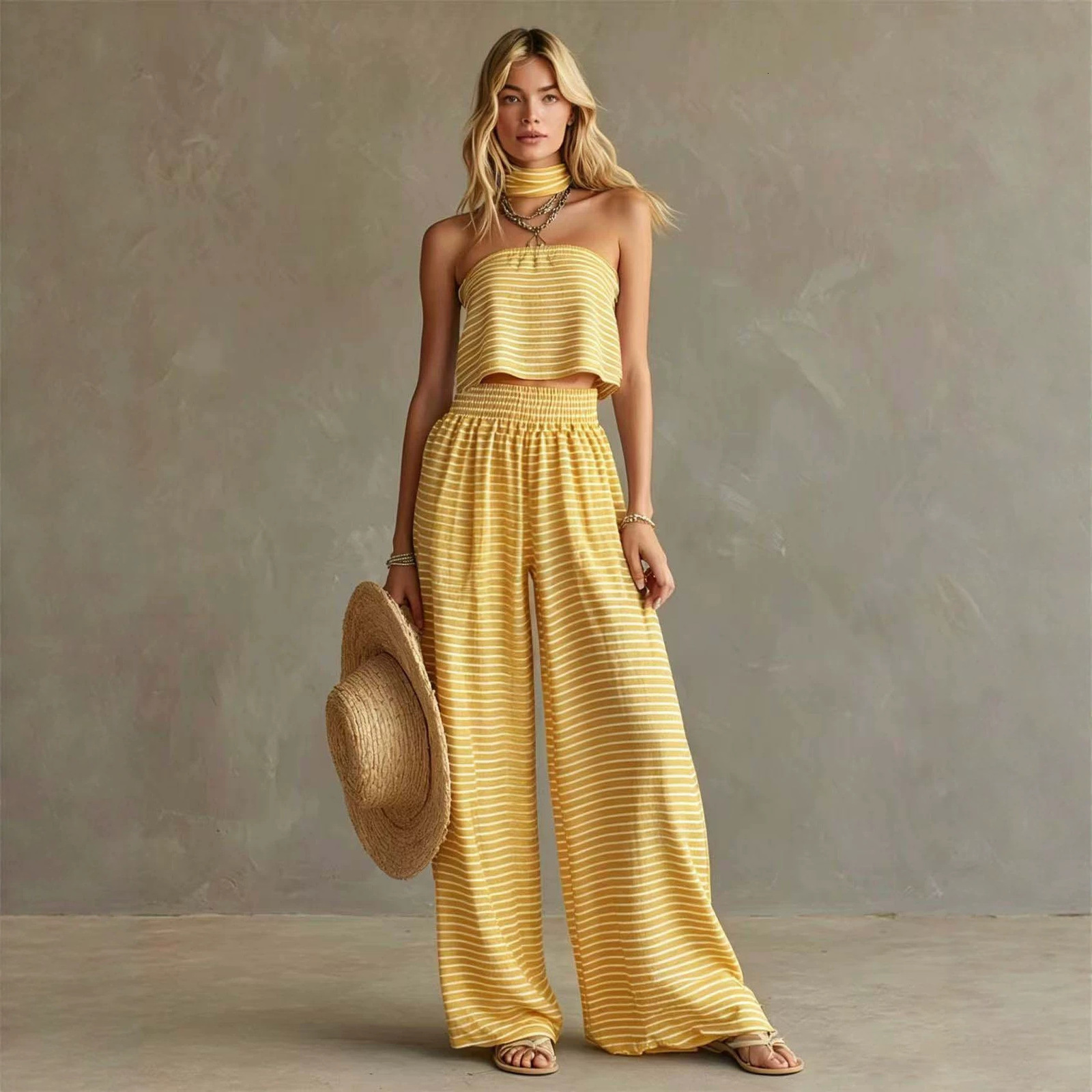 2026 Summer New Fashion Striped Off-Shoulder Tight Top and Pants Set Womens Clothing 240727