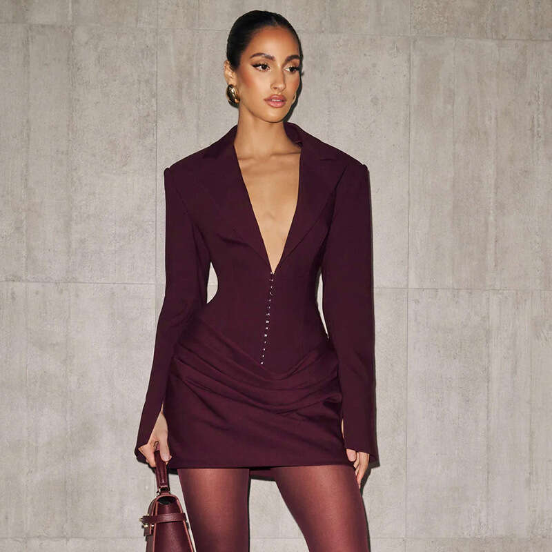 Deep V Neck Waist Cinching Blazer Dress Solid Color Slim Elegant Autumn Winter New European American Style Women Dress MAKOUFEI
