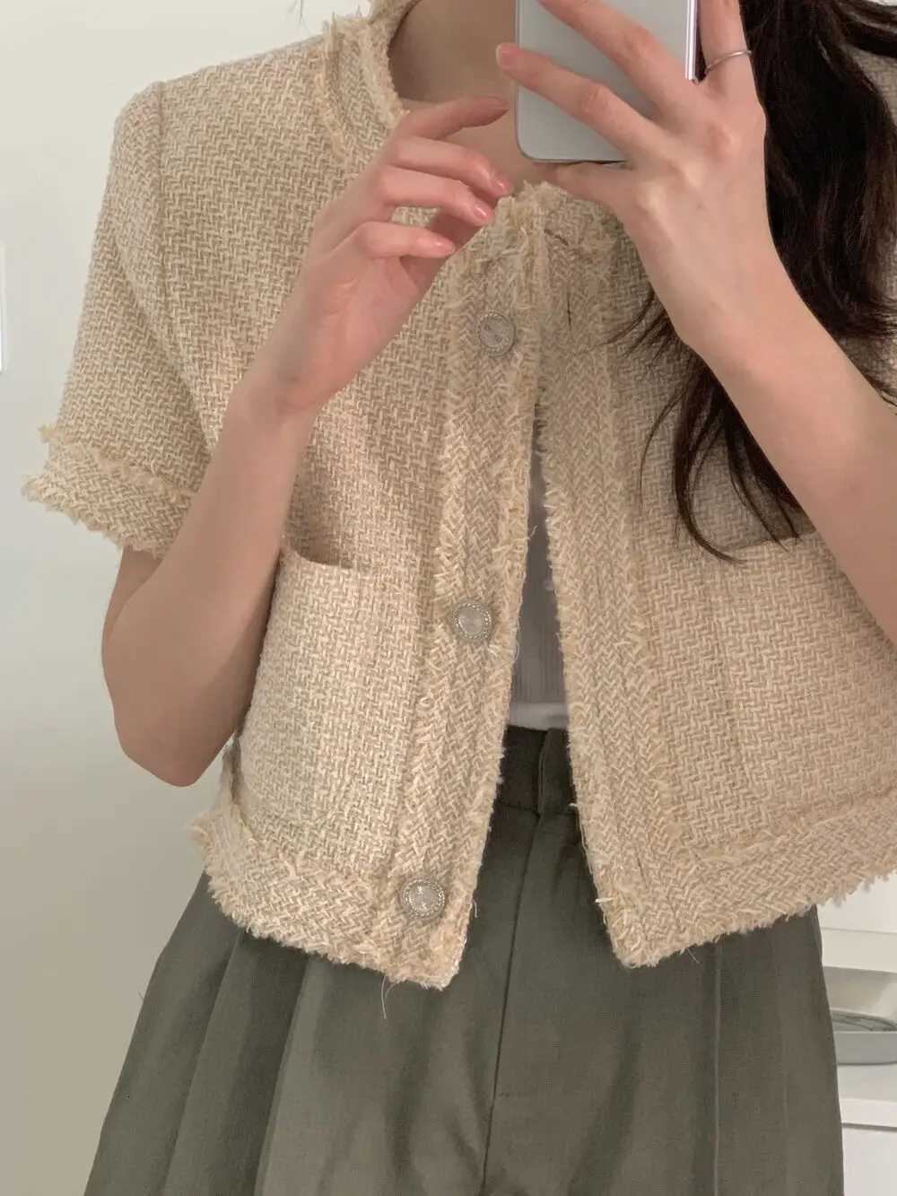 New Summer Collection Online Runway Women Coats Round Neck Patchwork Fringed Rough Edge Loose Short Sleeved Tweed Jacket M260525