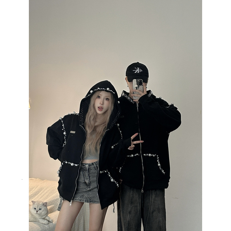 2025 Autumn Couple Outfit Chinese Style Irregular Pearl Hooded Sweatshirt Jacket for Men and Women 241218