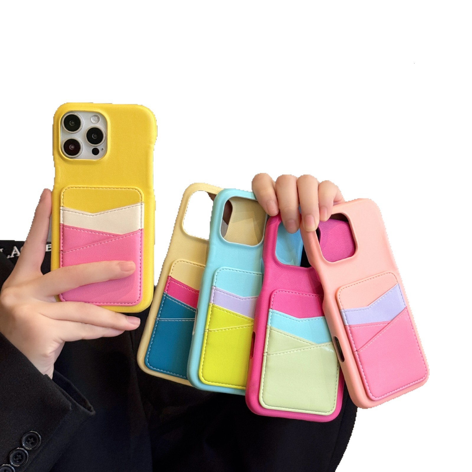 Color-blocking and contrasting color card slot case suitable Apple 16 Pro Max phone case, iPhone 15, high-end feel, new leather style for 13
