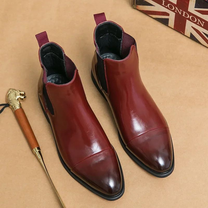 Mens Boots Business Ankle Boots Red Sole Pointed Toe Dress Boots British High Top Leather Shoes Slip-On Casual Men Chelsea Boot 260522 - view 5