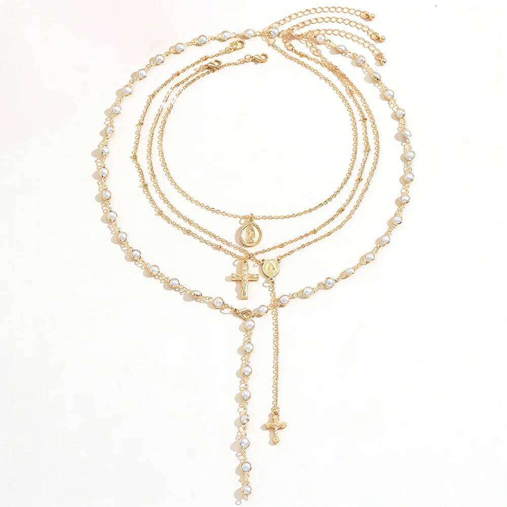 Layered Rosary Cross Necklace Vintage Gold Silver Mary Pendant Pearl Beaded Y Lariat Jewelry Gift for Women W260526 - view 7