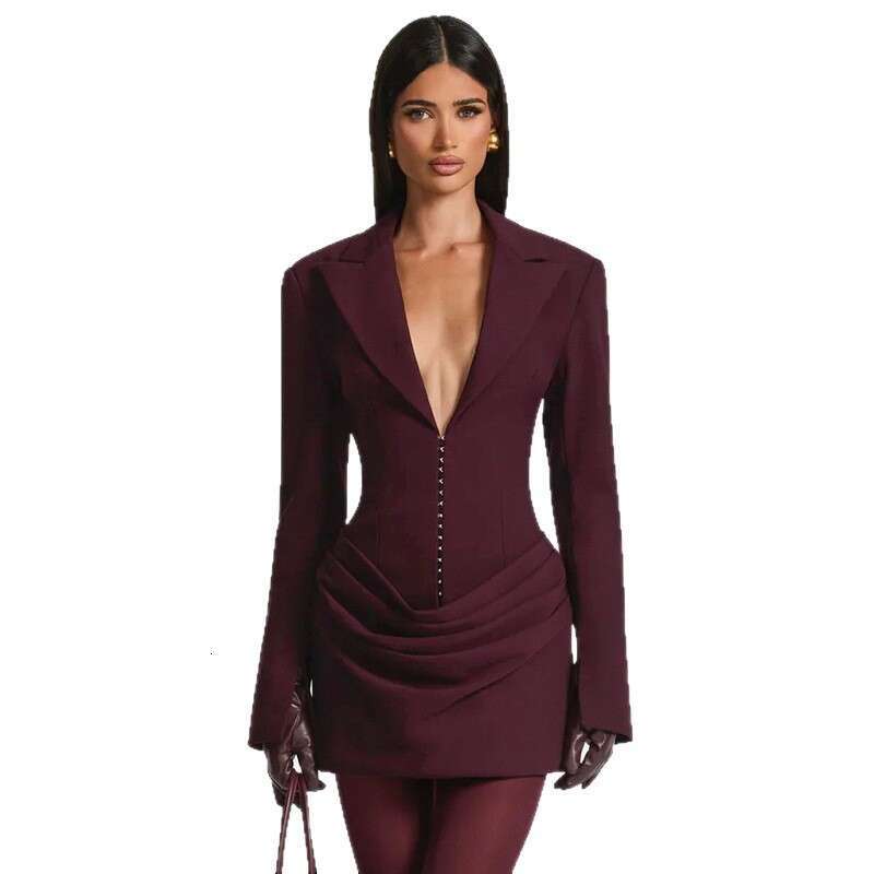Deep V Neck Waist Cinching Blazer Dress Solid Color Slim Elegant Autumn Winter New European American Style Women Dress MAKOUFEI