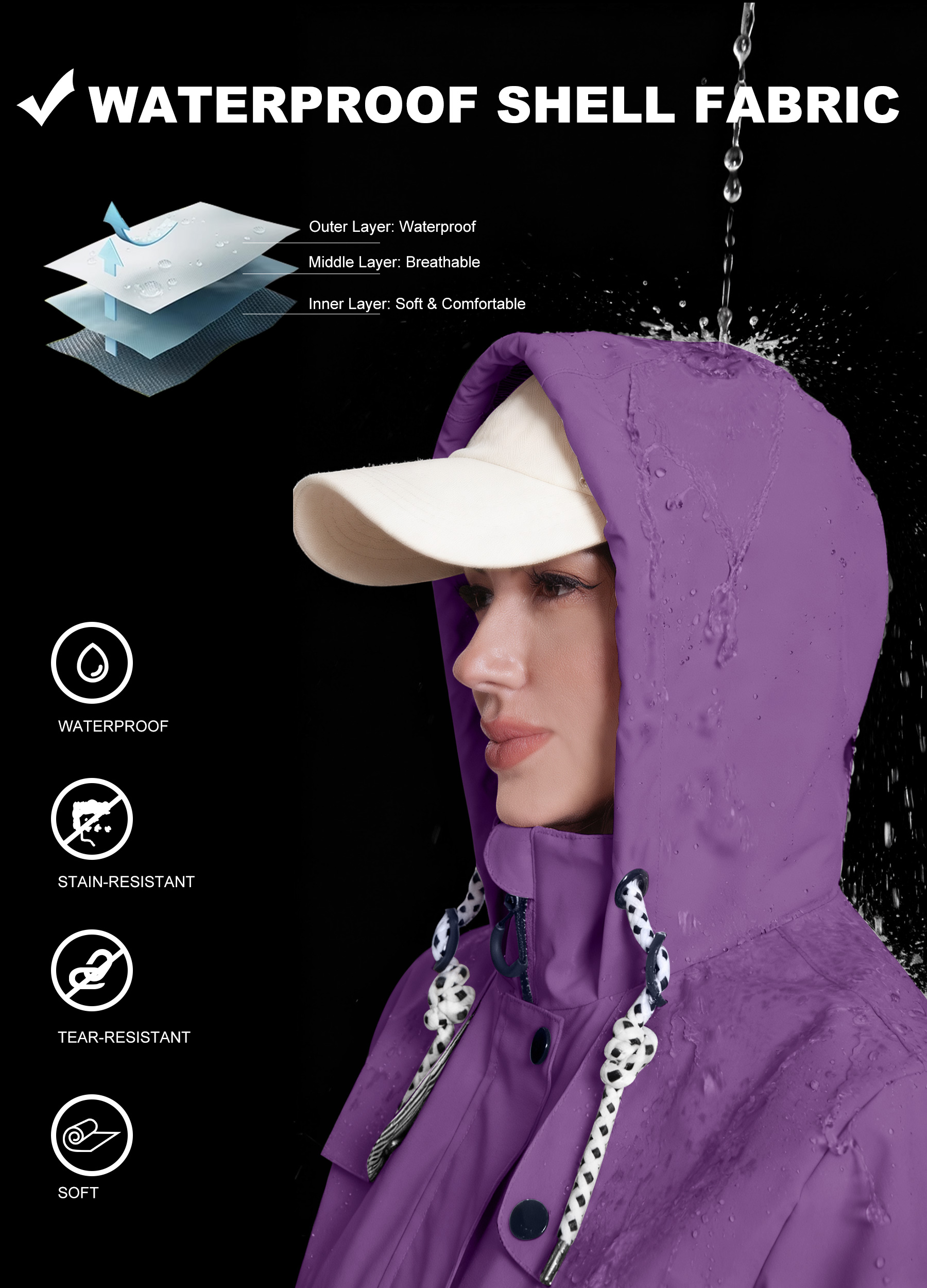 Women's Long Waterproof Hooded Raincoat with Transition Jacket Features for Outdoor Use