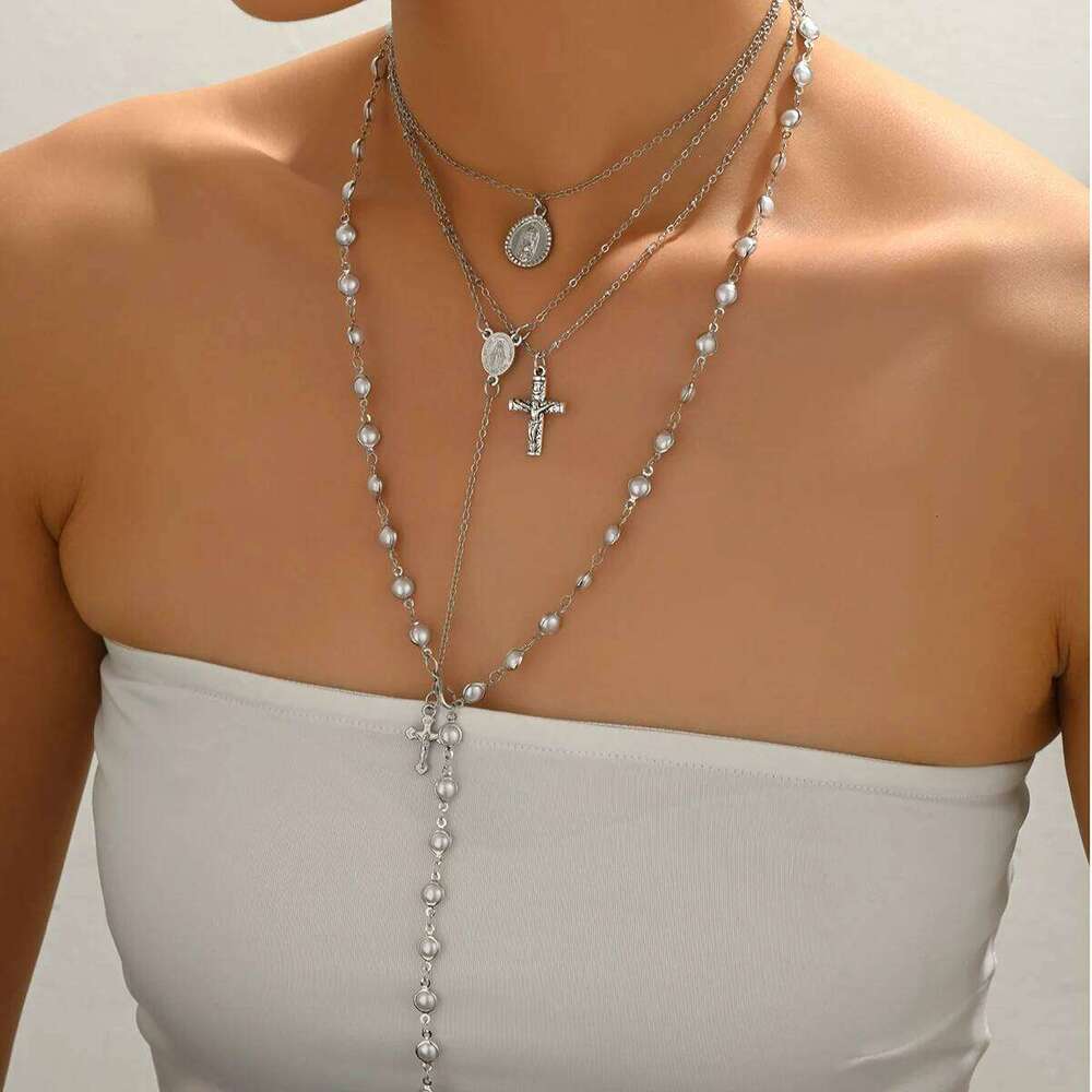 Layered Rosary Cross Necklace Vintage Gold Silver Mary Pendant Pearl Beaded Y Lariat Jewelry Gift for Women W260526 - view 4